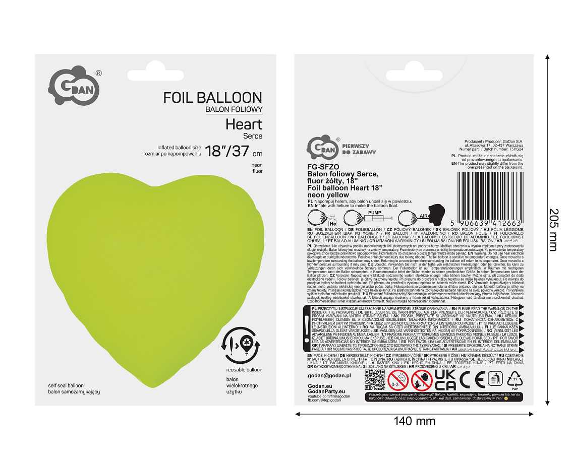 Balon foliowy Serce, fluor żółty, 18"